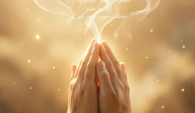 Hands clasped in prayer, bathed in golden light, with glowing script of gratitude.