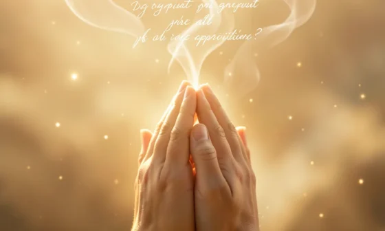 Hands clasped in prayer, bathed in golden light, with glowing script of gratitude.