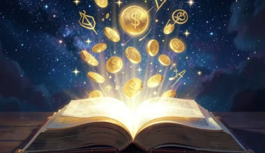 35 Powerful Prayers For Finances: Celestial glow from book with coins and prosperity symbols.