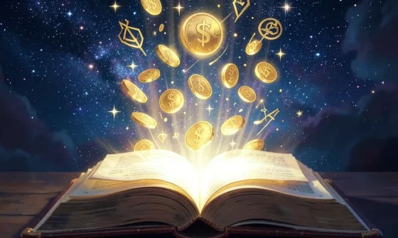 35 Powerful Prayers For Finances: Celestial glow from book with coins and prosperity symbols.