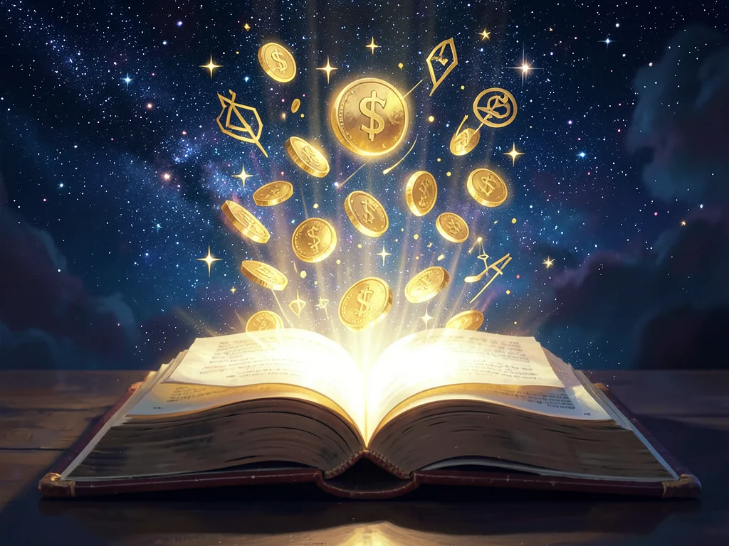 35 Powerful Prayers For Finances: Celestial glow from book with coins and prosperity symbols.