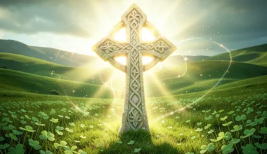 35 Powerful St. Patrick's Prayers Of Protection: Celtic cross glowing over green landscape.