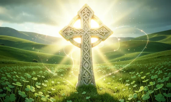 35 Powerful St. Patrick's Prayers Of Protection: Celtic cross glowing over green landscape.