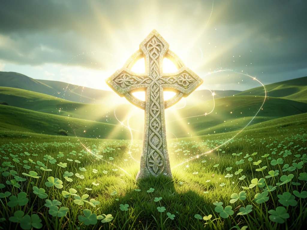 35 Powerful St. Patrick's Prayers Of Protection: Celtic cross glowing over green landscape.