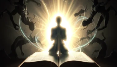 35 powerful Catholic prayers for protection from evil, depicted as divine light shielding a person in prayer.