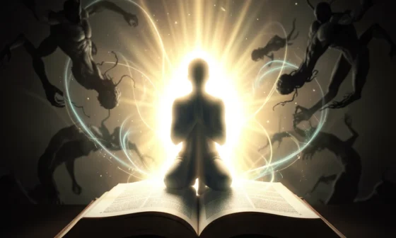 35 powerful Catholic prayers for protection from evil, depicted as divine light shielding a person in prayer.