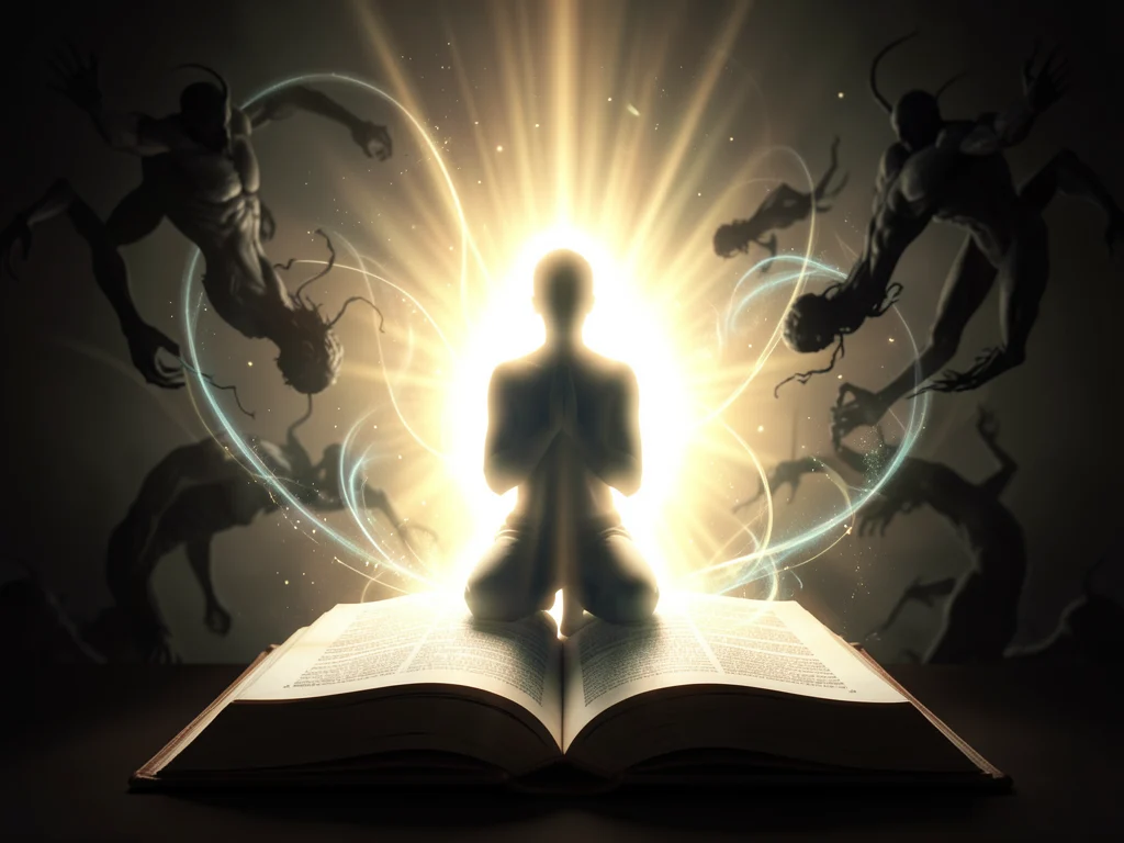 35 powerful Catholic prayers for protection from evil, depicted as divine light shielding a person in prayer.