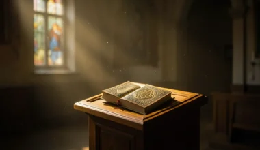 35 Powerful Prayers For Breaking Fast Yom Kippur: A serene synagogue interior with an open prayer book.
