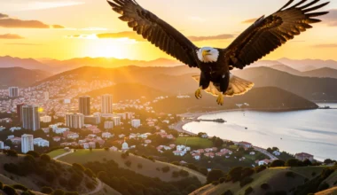 35 Powerful Prayers For America: Eagle soaring over diverse American landscapes at sunrise.