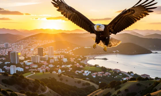 35 Powerful Prayers For America: Eagle soaring over diverse American landscapes at sunrise.