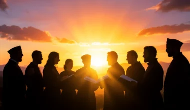 35 Powerful Prayers for Missionaries: Diverse group praying at sunrise.