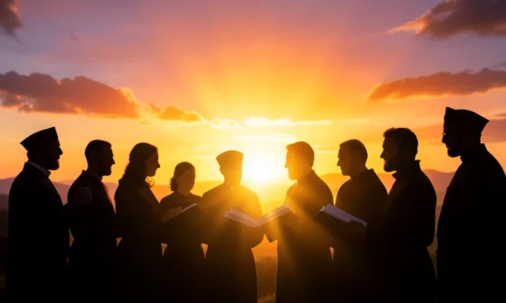 35 Powerful Prayers for Missionaries: Diverse group praying at sunrise.