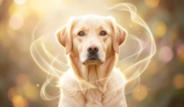35 Powerful Prayers For Dogs: A dog in golden light, symbolizing divine protection and love.