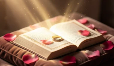 35 Powerful Prayers For Anniversary Celebration: A glowing open book with rose petals and a wedding ring.
