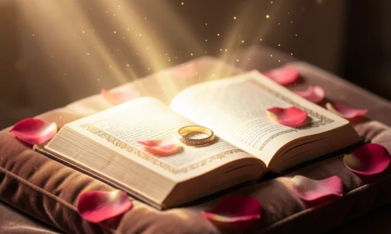 35 Powerful Prayers For Anniversary Celebration: A glowing open book with rose petals and a wedding ring.