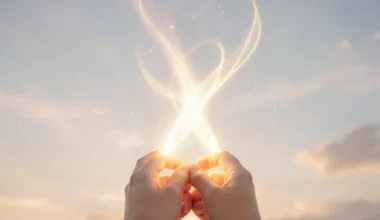 35 Powerful Prayers For Anger: Serene light wisps ascending from hands to sky.