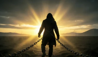 Overcoming laziness: a person breaking free from chains towards light.