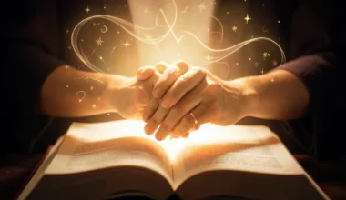35 Powerful Prayers For Husband And Wife: Intertwined hands illuminated by a glowing book, symbolizing unity and faith.
