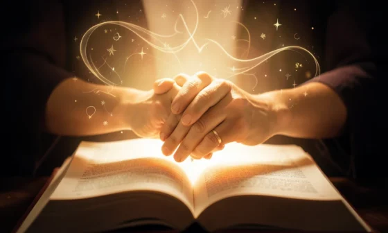 35 Powerful Prayers For Husband And Wife: Intertwined hands illuminated by a glowing book, symbolizing unity and faith.