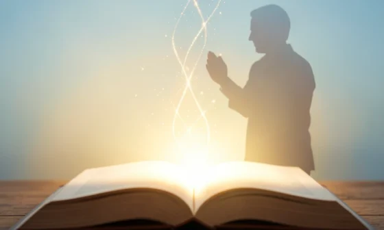 35 Powerful Blessing Prayers For Husband: A husband praying with divine light emanating from a book.