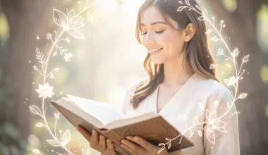 Woman praying for a husband, surrounded by divine light and floral symbols.