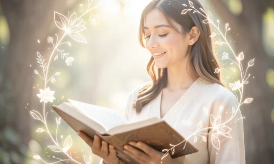 Woman praying for a husband, surrounded by divine light and floral symbols.