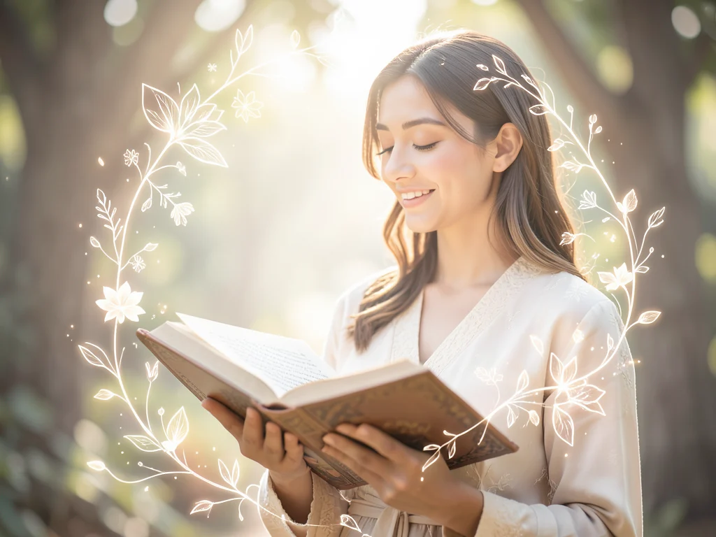 Woman praying for a husband, surrounded by divine light and floral symbols.