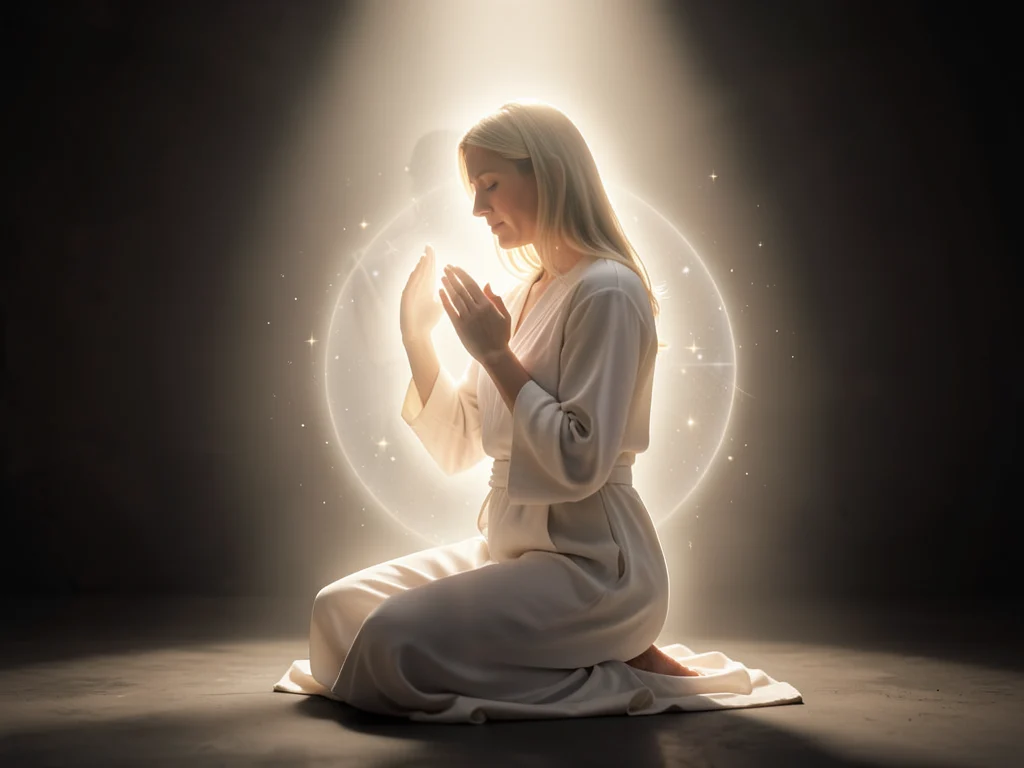 Woman praying for her husband, symbolizing faith and divine protection.