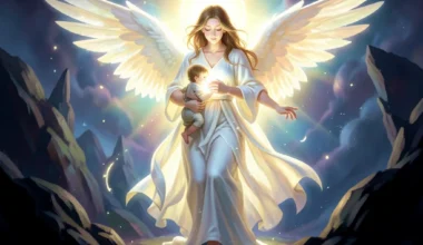 Guardian angel protecting a person from shadows, divine light, faith.