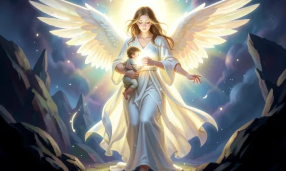 Guardian angel protecting a person from shadows, divine light, faith.