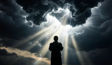 35 Powerful Prayers For Protection Against Storms And Floods: Figure praying against a powerful storm.