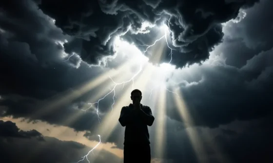 35 Powerful Prayers For Protection Against Storms And Floods: Figure praying against a powerful storm.