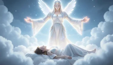 35 Powerful Prayers for Sleep Protection: Celestial guardian watches over a sleeping figure.