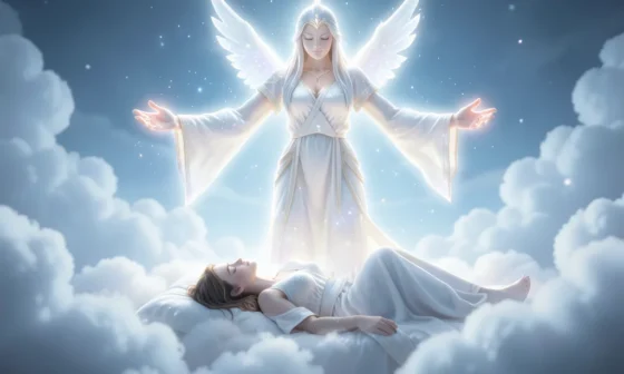 35 Powerful Prayers for Sleep Protection: Celestial guardian watches over a sleeping figure.
