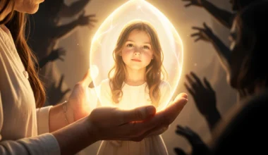 Mother's hands shield daughter from evil, divine protection, maternal love.