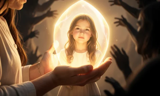 Mother's hands shield daughter from evil, divine protection, maternal love.