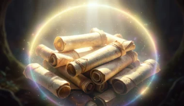 Divine protection aura over ancient scrolls, symbolizing powerful prayers.