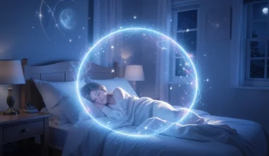 Spiritual protection shield over a sleeping person, representing 35 powerful prayers for protection while sleeping.