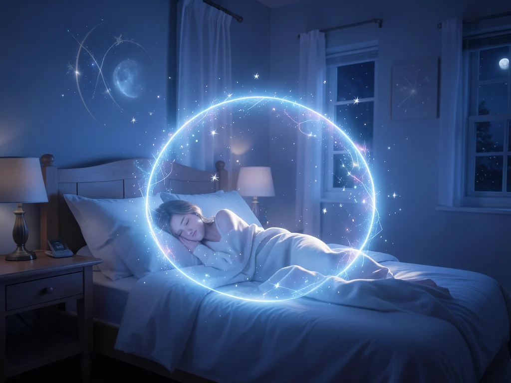 Spiritual protection shield over a sleeping person, representing 35 powerful prayers for protection while sleeping.