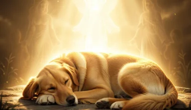 Dog protection prayers: a dog under a divine, protective glow.