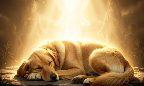 Dog protection prayers: a dog under a divine, protective glow.