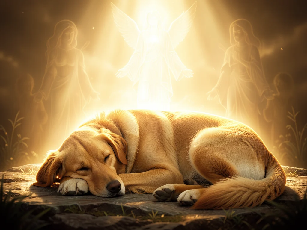Dog protection prayers: a dog under a divine, protective glow.