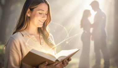 Woman praying for a husband, holding a glowing book of prayers.