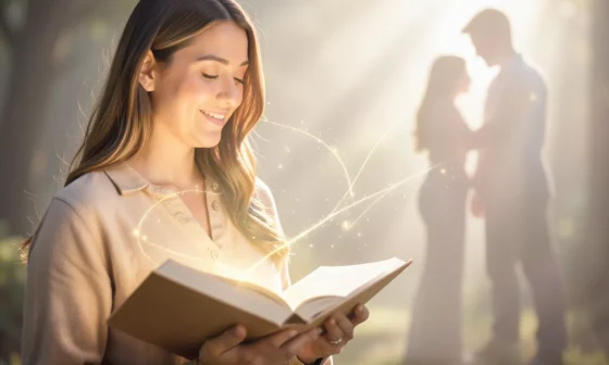 Woman praying for a husband, holding a glowing book of prayers.