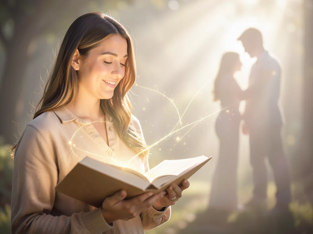 Woman praying for a husband, holding a glowing book of prayers.