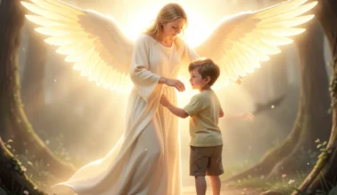 Guardian angel protecting a young boy, symbolizing 35 powerful prayers for protection for son.