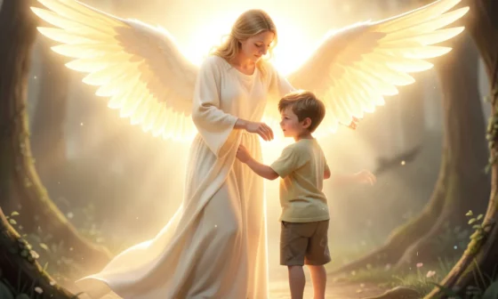 Guardian angel protecting a young boy, symbolizing 35 powerful prayers for protection for son.
