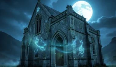 Ancient abbey with glowing protective symbols, representing 35 Powerful Saint Benedict's Prayers For Protection.