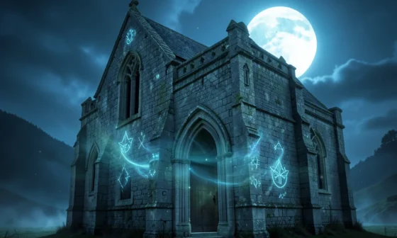 Ancient abbey with glowing protective symbols, representing 35 Powerful Saint Benedict's Prayers For Protection.