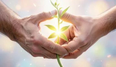 35 Powerful Prayers For Marriage Restoration: Two hands clasping a glowing vine.